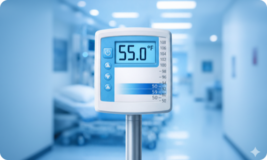 Digital display showing 55.0°F within a clinical setting