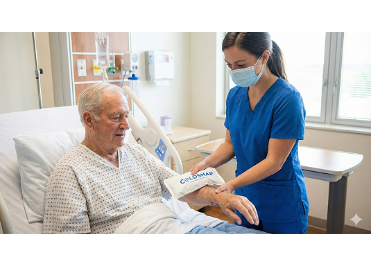 Healthcare professional applying ColdSnap pack in a clinical setting